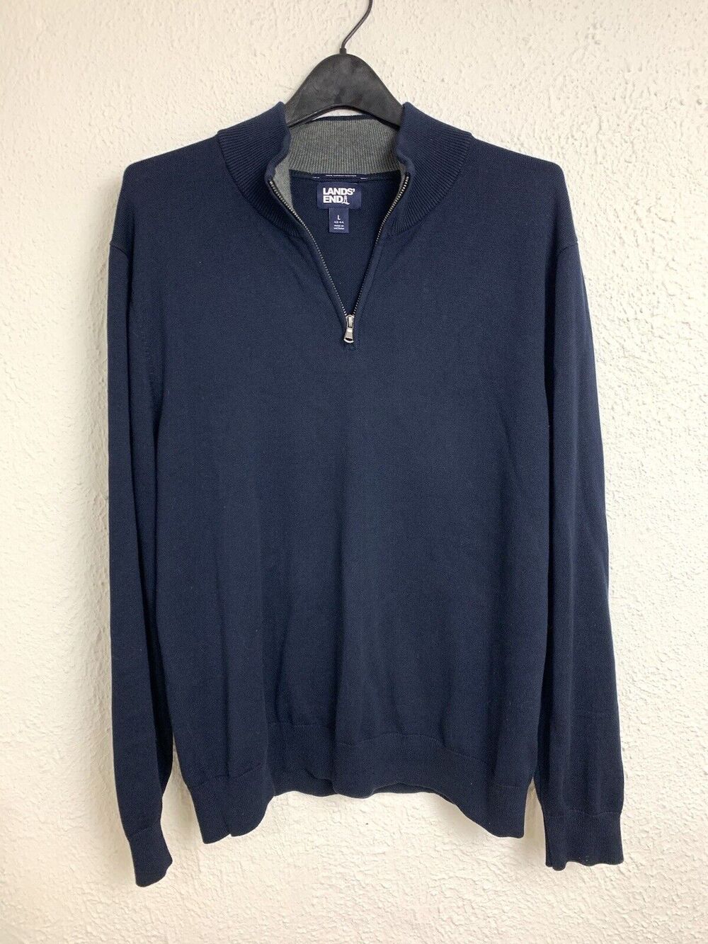 Land's End 100% Supima Cotton Navy Blue Pullover 1/4 Zip Sweater L 42-44 Preppy